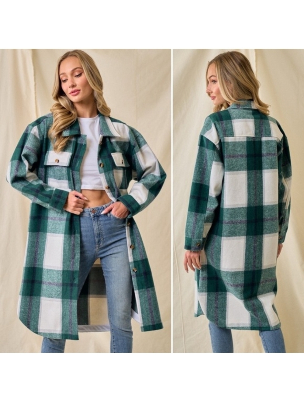 On Blue Flannel Green & White Plaid Longline Shacket Size Small